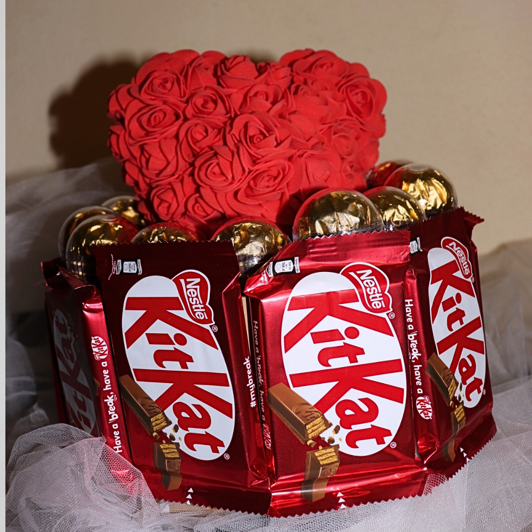 Rose Bear & Chocolate Delight (Ferrero Rocher chocolates and KitKat bars)